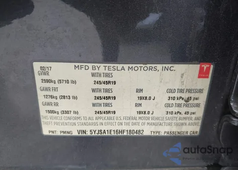 2017 Tesla Model S 60/75 z USA, uszkodzony, nr VIN 5YJSA1E16HF180482
